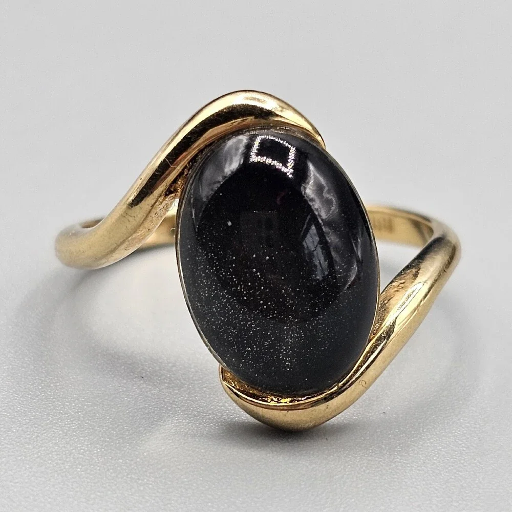 18k Yellow Gold Plated Smoky Quartz Ring Bypass Swoop Band Oval Cabochon Size 9 - Picture 5 of 10